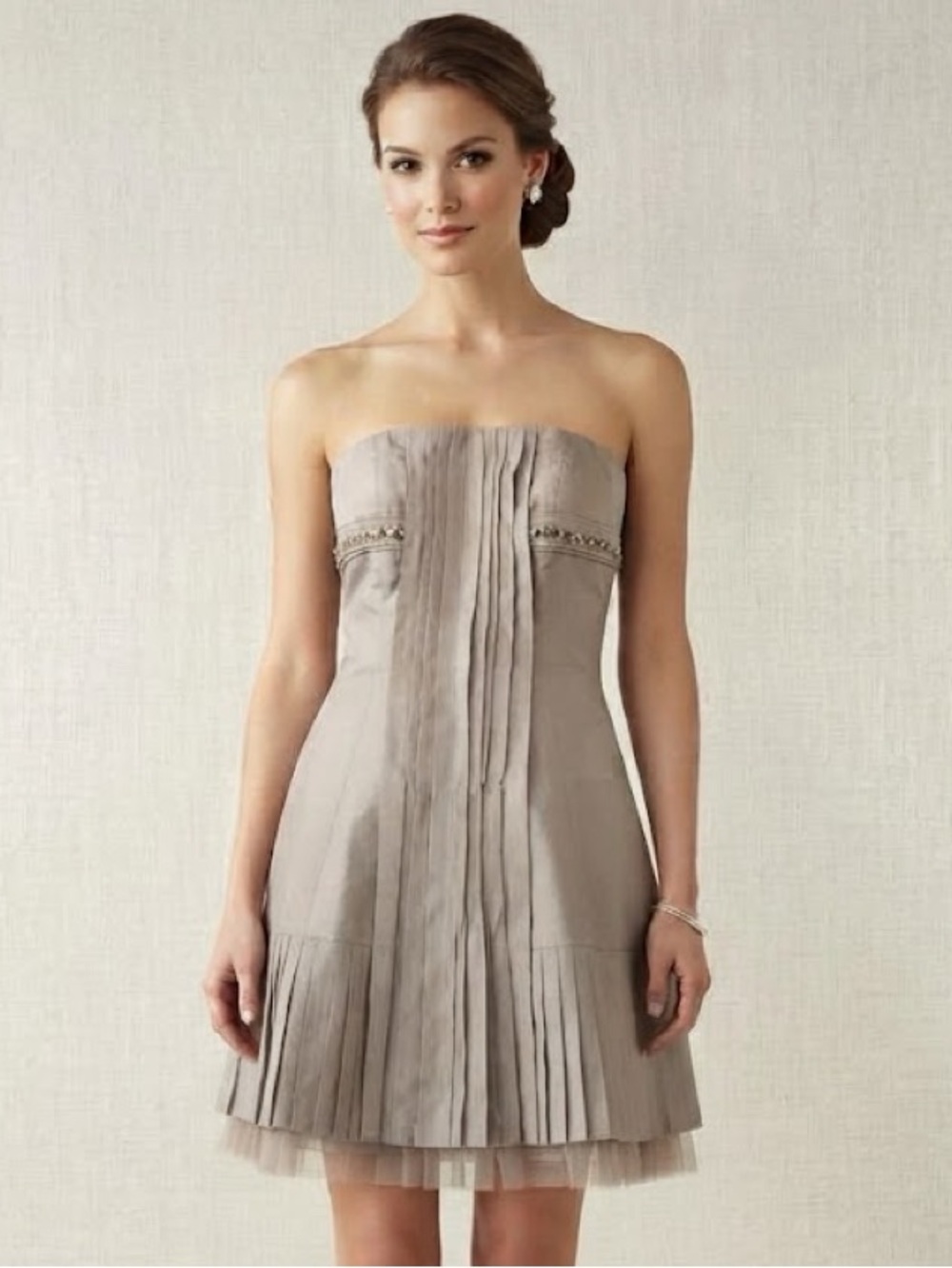 BCBGMAXAZRIA Strapless Pleated Tulle Trim Dress in Taupe Size 2 NWT